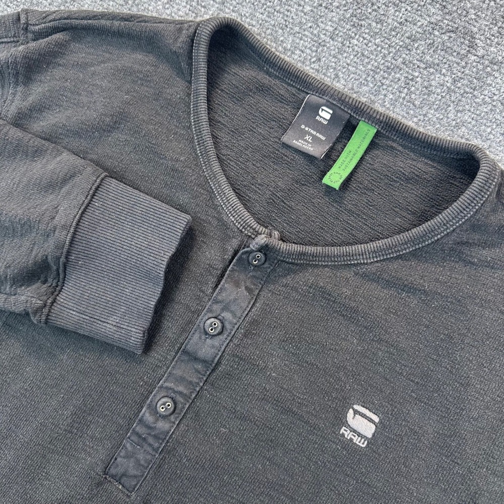G Star Raw‎ Motac Grandad Long Sleeve Henley Shirt Mens XL Black Heavy Durable